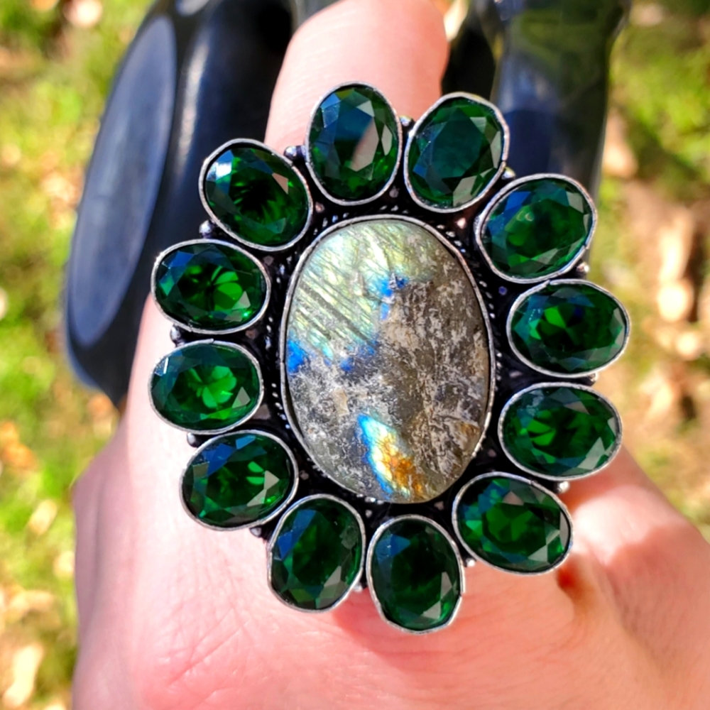 New Huge Natural Labradorite & Chrome Diopside 925 Silver Statement Ring.